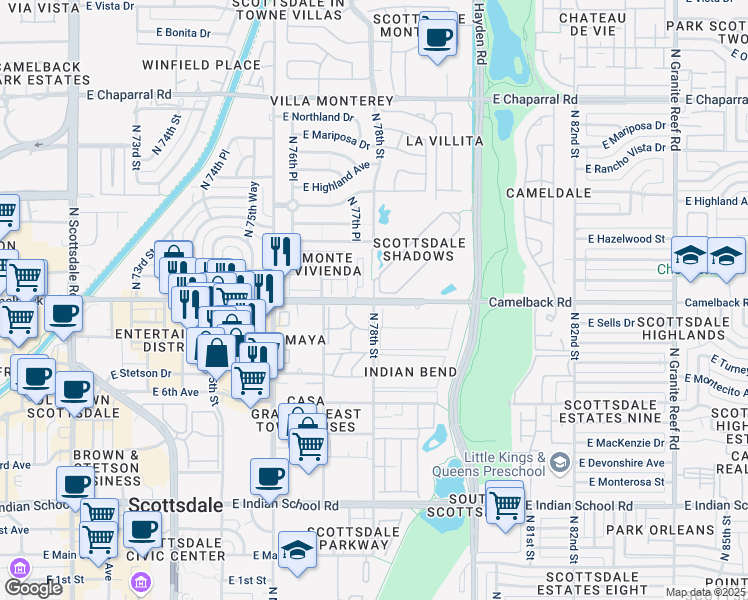 map of restaurants, bars, coffee shops, grocery stores, and more near E Camelback Rd & N 78th St in Scottsdale