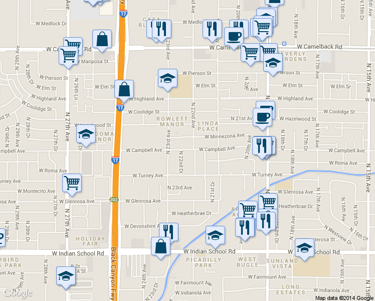 map of restaurants, bars, coffee shops, grocery stores, and more near 2222 West Campbell Avenue in Phoenix