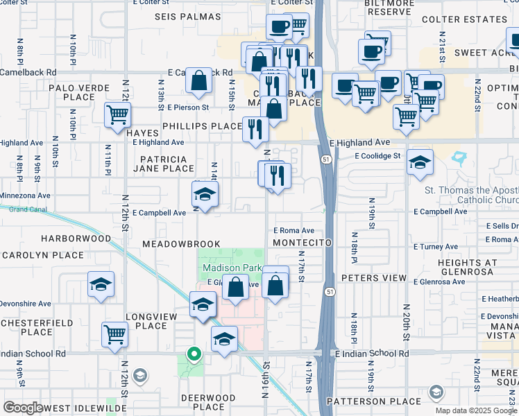 map of restaurants, bars, coffee shops, grocery stores, and more near 1550 East Campbell Avenue in Phoenix