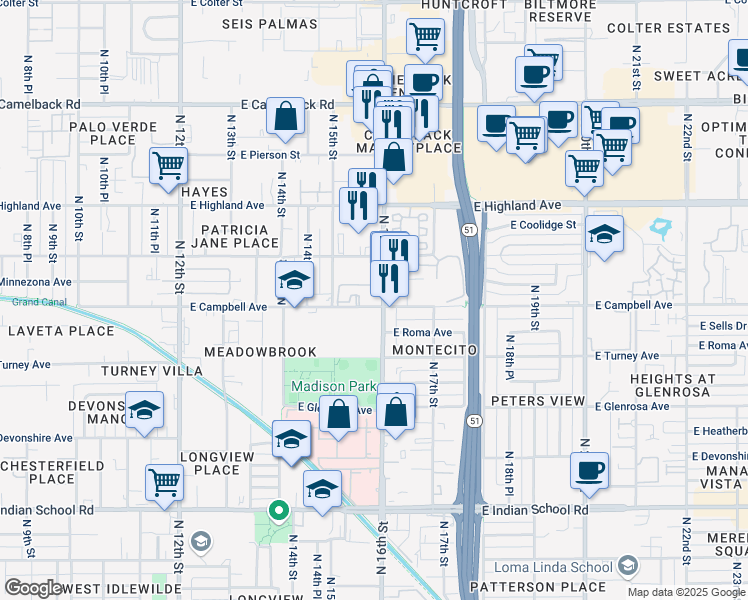 map of restaurants, bars, coffee shops, grocery stores, and more near 1550 East Campbell Avenue in Phoenix