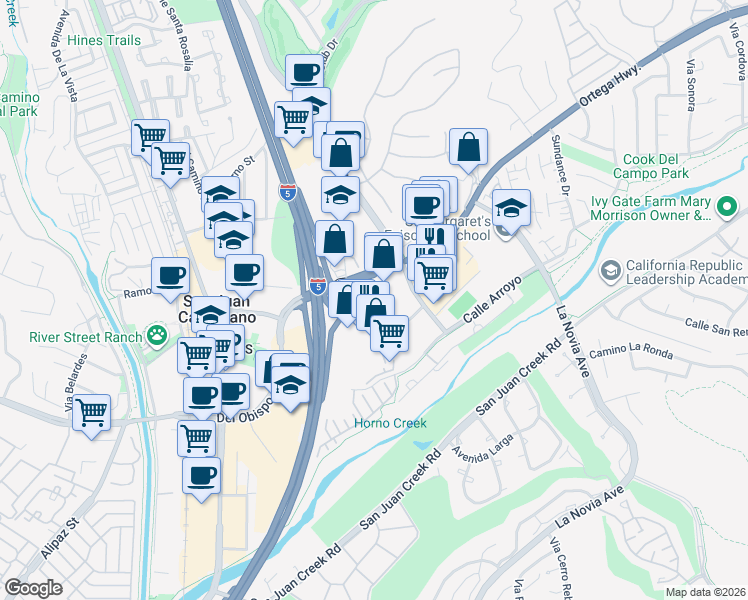 map of restaurants, bars, coffee shops, grocery stores, and more near 27184 Ortega Highway in San Juan Capistrano
