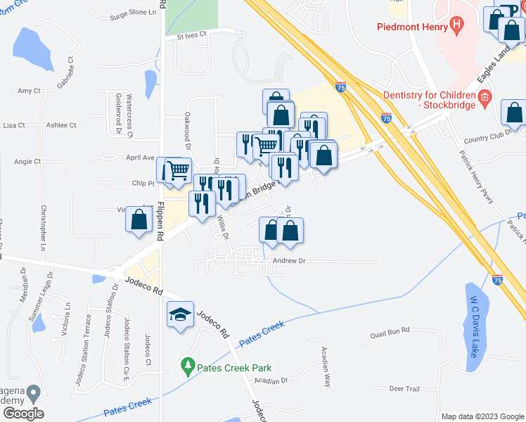 map of restaurants, bars, coffee shops, grocery stores, and more near 137 Hudson Bridge Terrace in Stockbridge