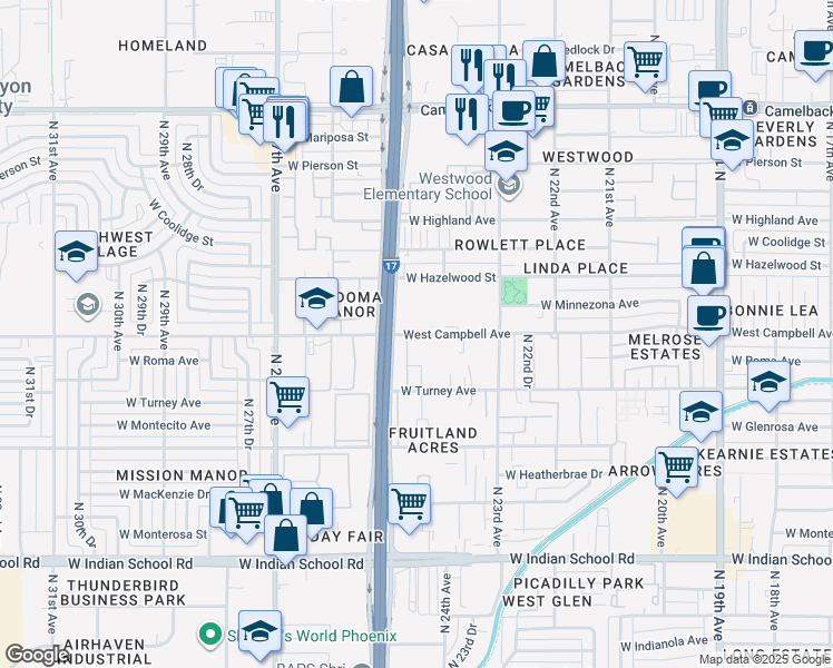 map of restaurants, bars, coffee shops, grocery stores, and more near 2417 West Campbell Avenue in Phoenix