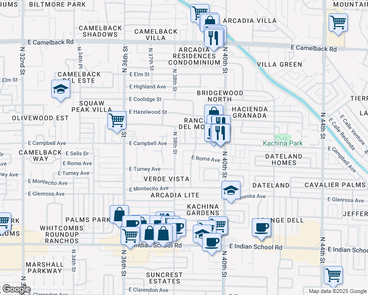 map of restaurants, bars, coffee shops, grocery stores, and more near 3815 East Campbell Avenue in Phoenix