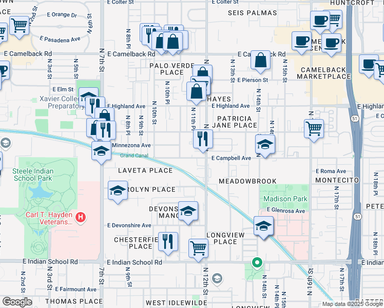 map of restaurants, bars, coffee shops, grocery stores, and more near 1126 East Campbell Avenue in Phoenix