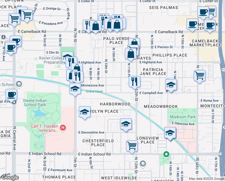 map of restaurants, bars, coffee shops, grocery stores, and more near 1036 East Campbell Avenue in Phoenix