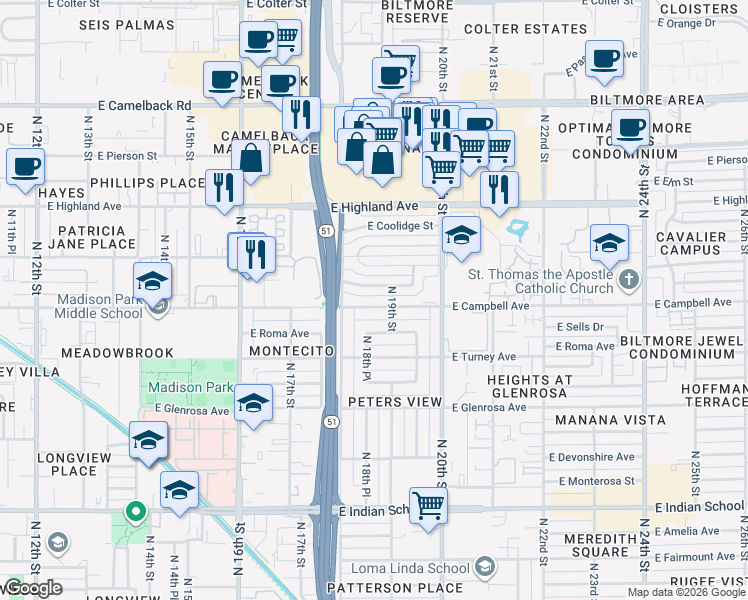 map of restaurants, bars, coffee shops, grocery stores, and more near 1815 East Minnezona Avenue in Phoenix