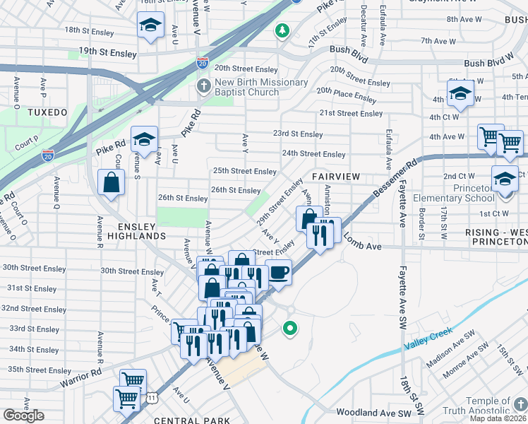 map of restaurants, bars, coffee shops, grocery stores, and more near 2516 29th Street Ensley in Birmingham