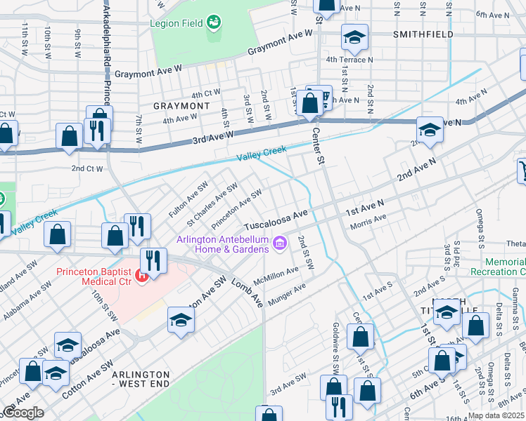 map of restaurants, bars, coffee shops, grocery stores, and more near 625 4th Street Southwest in Birmingham