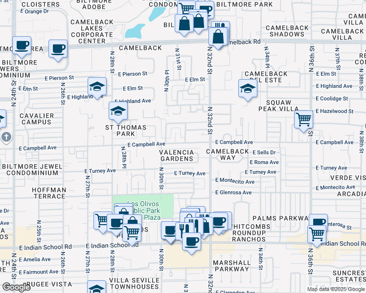 map of restaurants, bars, coffee shops, grocery stores, and more near 3041 East Campbell Avenue in Phoenix