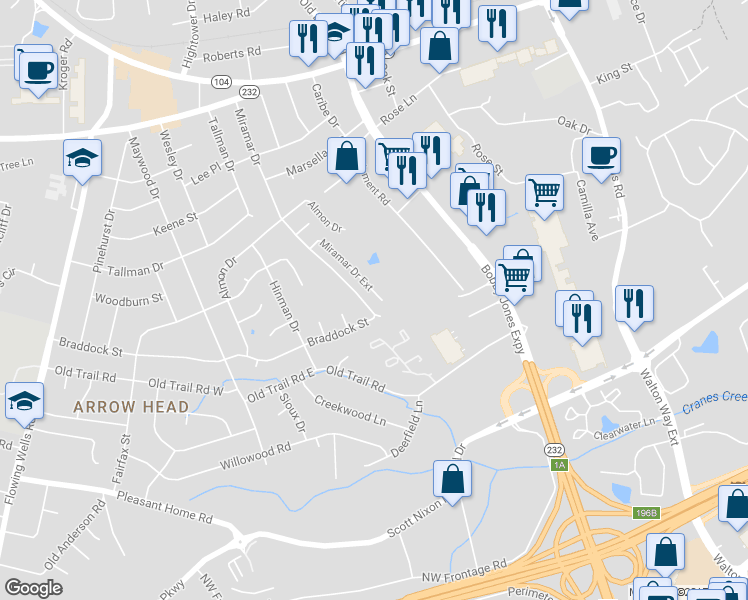 map of restaurants, bars, coffee shops, grocery stores, and more near 318 Miramar Drive in Martinez