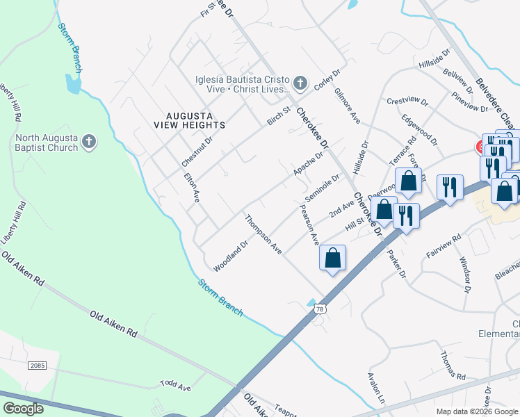 map of restaurants, bars, coffee shops, grocery stores, and more near 308 Apache Drive in North Augusta