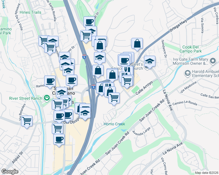 map of restaurants, bars, coffee shops, grocery stores, and more near 31645 Rancho Viejo Road in San Juan Capistrano