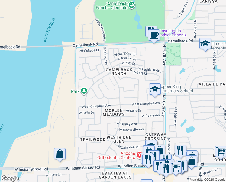 map of restaurants, bars, coffee shops, grocery stores, and more near 4550 North 111th Drive in Phoenix
