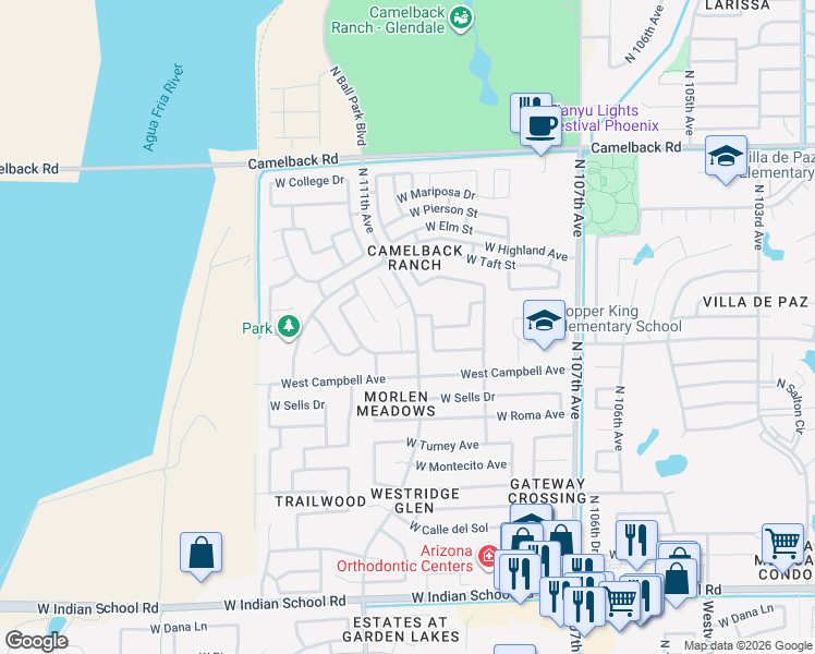 map of restaurants, bars, coffee shops, grocery stores, and more near 4550 North 111th Drive in Phoenix
