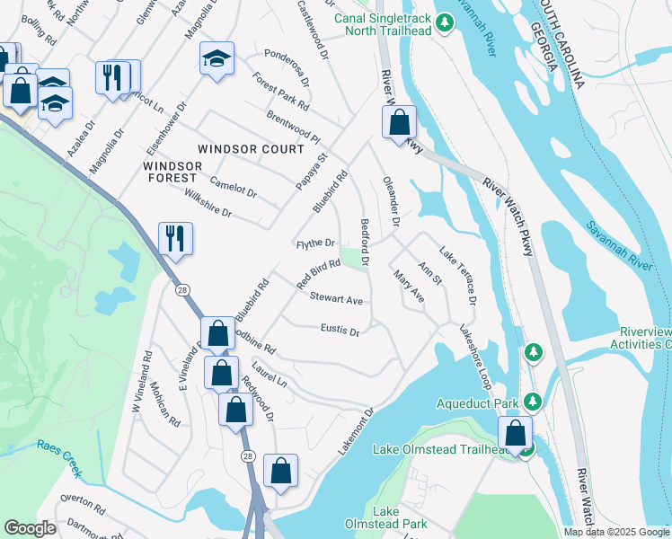 map of restaurants, bars, coffee shops, grocery stores, and more near 1027 Redbird Road in Augusta