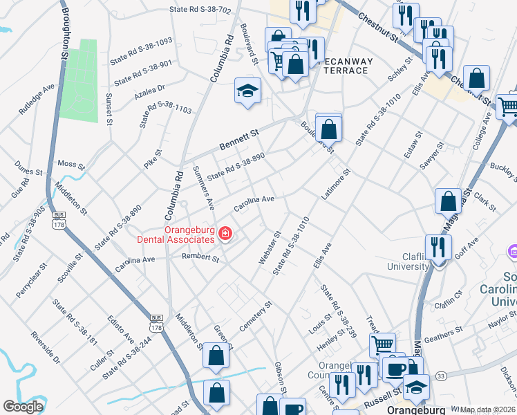 map of restaurants, bars, coffee shops, grocery stores, and more near Wilson Street in Orangeburg