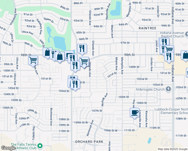 map of restaurants, bars, coffee shops, grocery stores, and more near 4105 101st Street in Lubbock