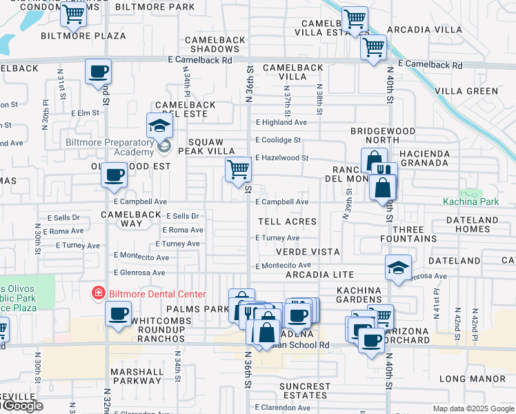map of restaurants, bars, coffee shops, grocery stores, and more near 3605 East Campbell Avenue in Phoenix