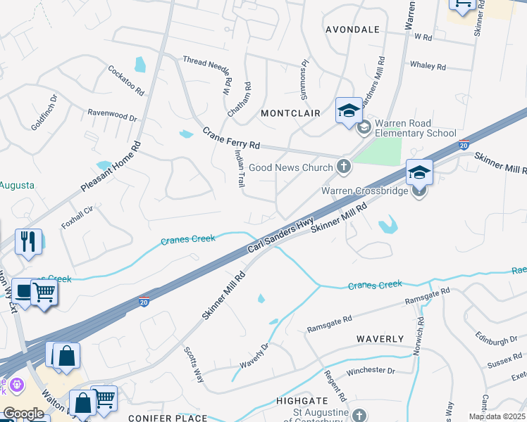 map of restaurants, bars, coffee shops, grocery stores, and more near 19 Dominion Way in Augusta