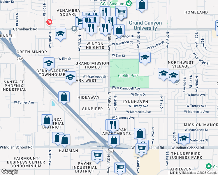 map of restaurants, bars, coffee shops, grocery stores, and more near N 35th Ave & W Campbell Ave in Phoenix