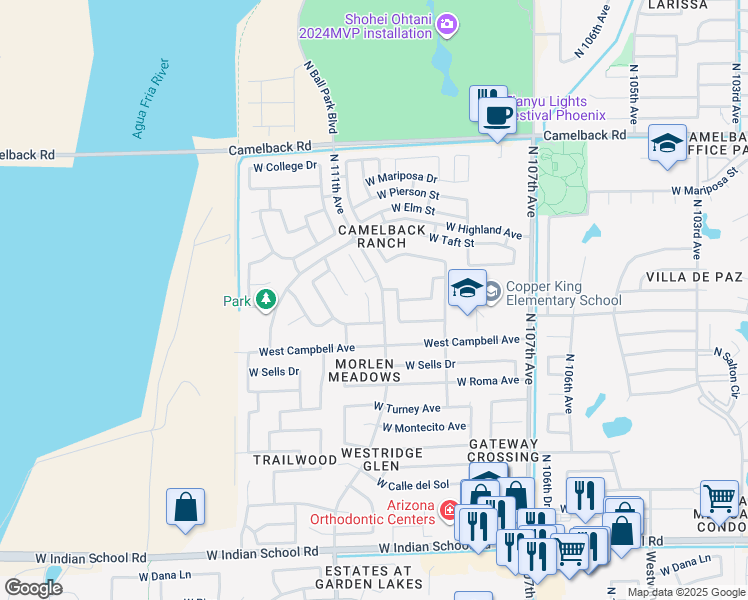 map of restaurants, bars, coffee shops, grocery stores, and more near 4549 North 111th Drive in Phoenix