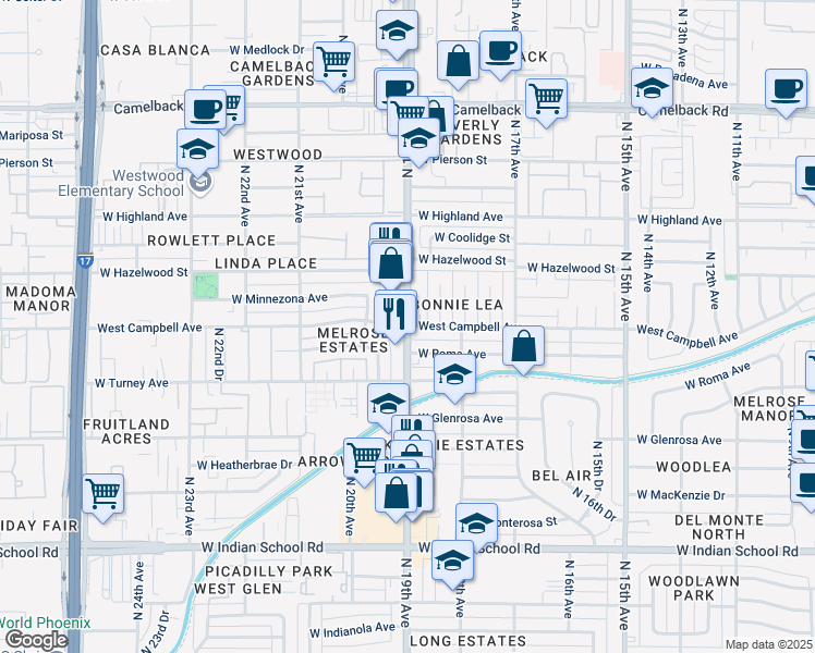 map of restaurants, bars, coffee shops, grocery stores, and more near N 19th Ave & W Campbell Ave in Phoenix