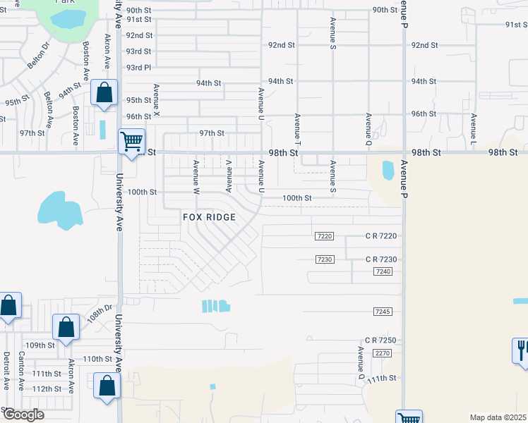 map of restaurants, bars, coffee shops, grocery stores, and more near Avenue U in Lubbock