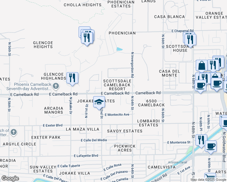 map of restaurants, bars, coffee shops, grocery stores, and more near 6302 East Camelback Road in Scottsdale