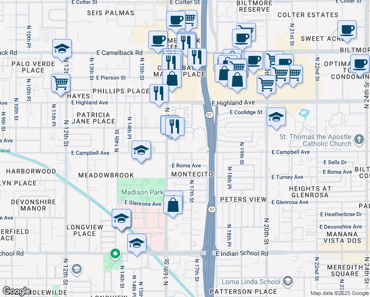 map of restaurants, bars, coffee shops, grocery stores, and more near 1718 East Campbell Avenue in Phoenix