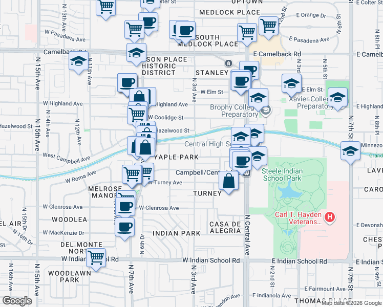 map of restaurants, bars, coffee shops, grocery stores, and more near 304 West Campbell Avenue in Phoenix