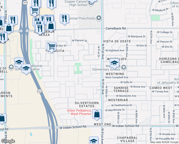map of restaurants, bars, coffee shops, grocery stores, and more near 4531 North 92nd Avenue in Phoenix