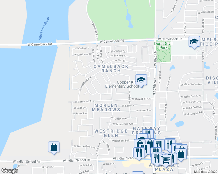 map of restaurants, bars, coffee shops, grocery stores, and more near 4550 North 111th Drive in Phoenix