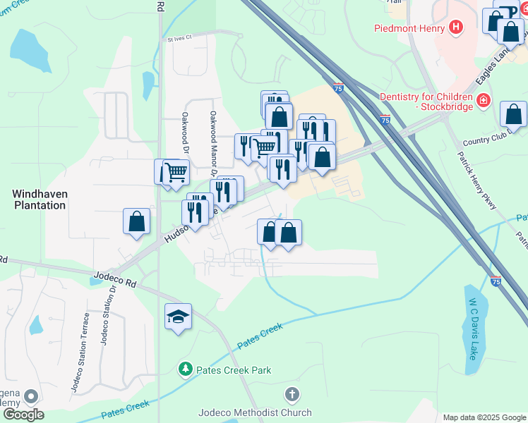 map of restaurants, bars, coffee shops, grocery stores, and more near 151 Hudson Bridge Terrace in Stockbridge