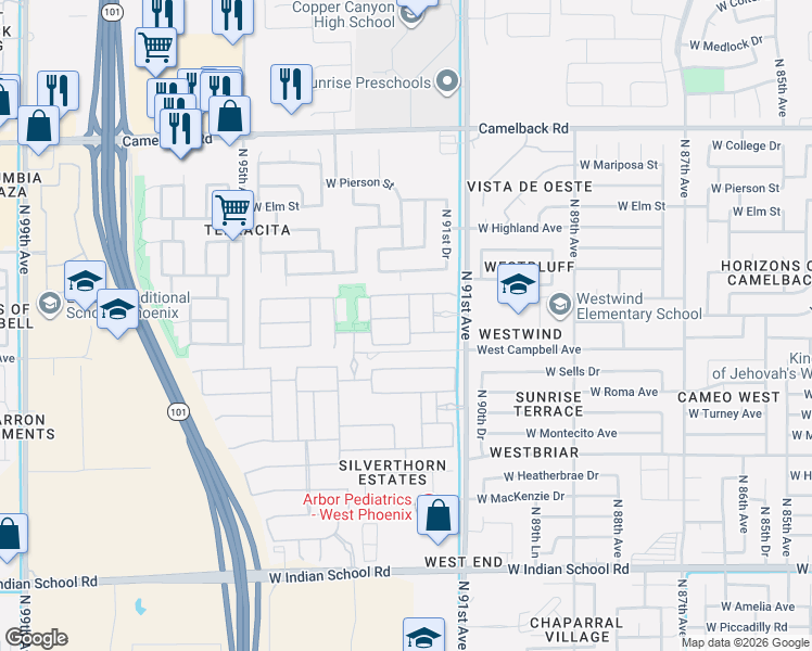map of restaurants, bars, coffee shops, grocery stores, and more near 4531 North 92nd Avenue in Phoenix