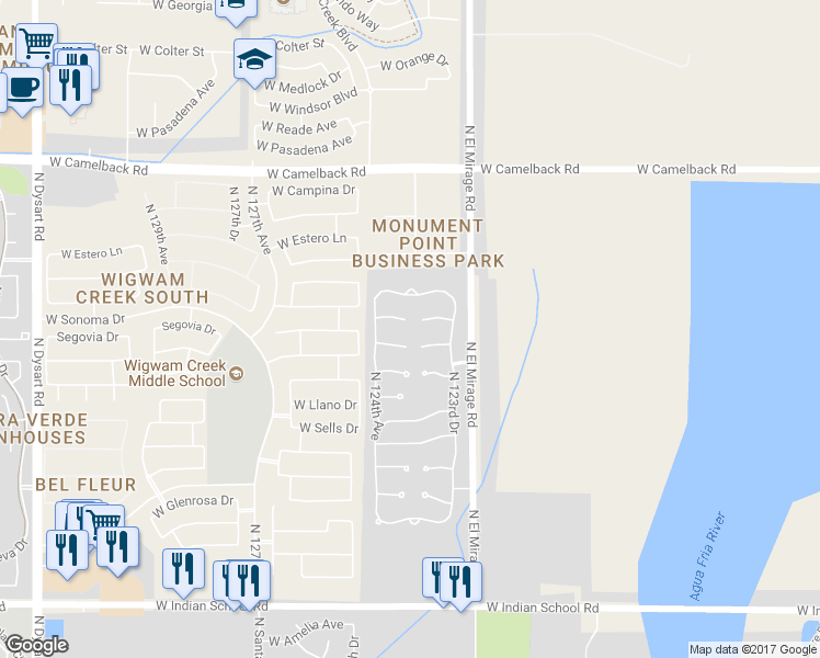 map of restaurants, bars, coffee shops, grocery stores, and more near 12367 West Hazelwood Street in Avondale