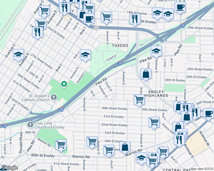 map of restaurants, bars, coffee shops, grocery stores, and more near 1522 27th Street Ensley in Birmingham