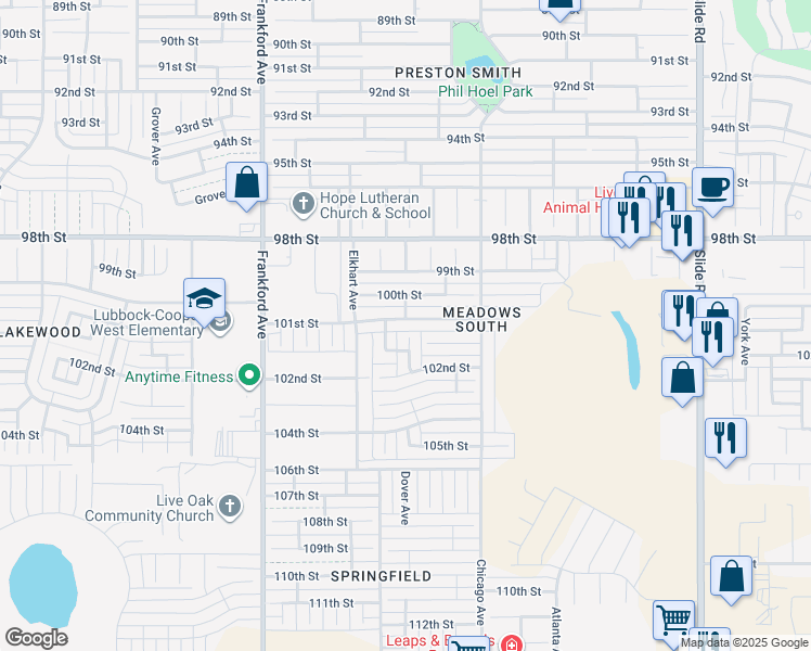 map of restaurants, bars, coffee shops, grocery stores, and more near 5529 101st Street in Lubbock