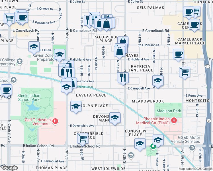map of restaurants, bars, coffee shops, grocery stores, and more near 1036 East Campbell Avenue in Phoenix