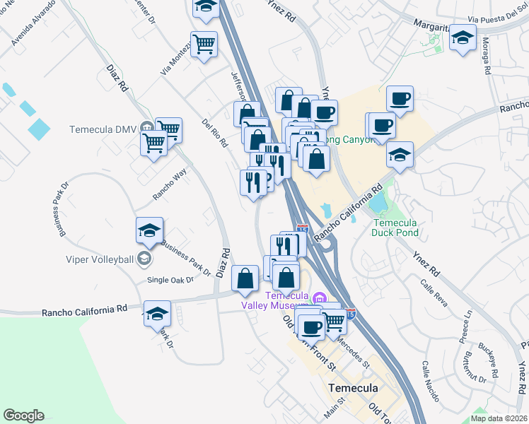 map of restaurants, bars, coffee shops, grocery stores, and more near 28170 Jefferson Avenue in Temecula
