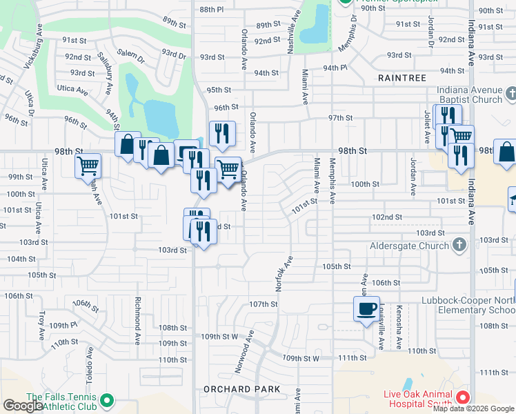 map of restaurants, bars, coffee shops, grocery stores, and more near 4105 101st Street in Lubbock