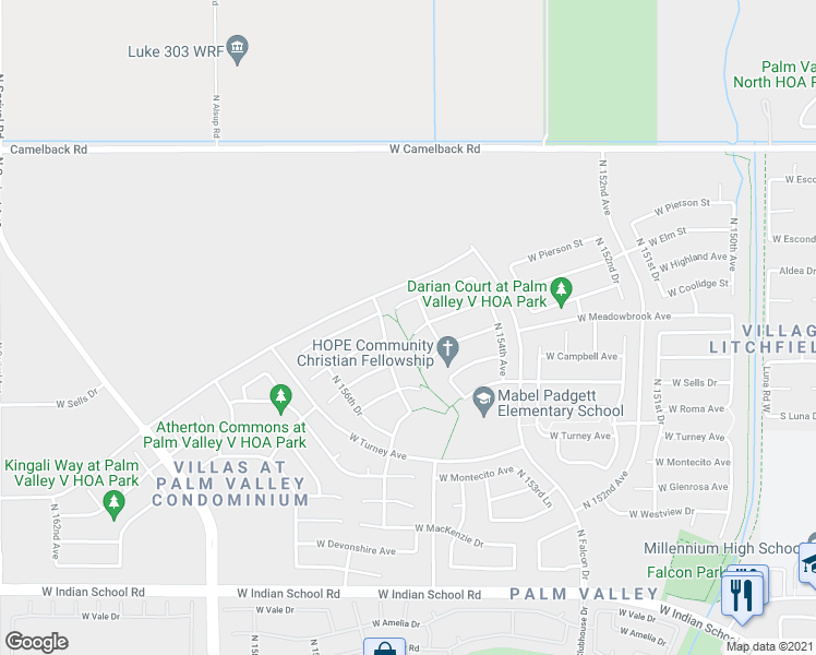 map of restaurants, bars, coffee shops, grocery stores, and more near 15524 West Meadowbrook Avenue in Goodyear
