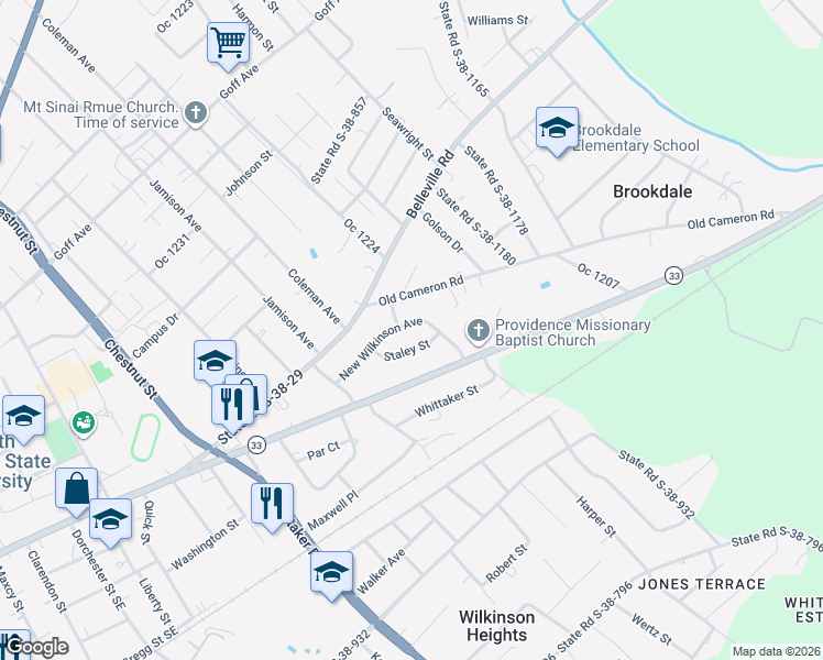 map of restaurants, bars, coffee shops, grocery stores, and more near 2120 New Wilkinson Avenue in Orangeburg