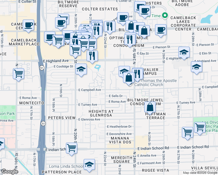 map of restaurants, bars, coffee shops, grocery stores, and more near 2228 East Campbell Avenue in Phoenix