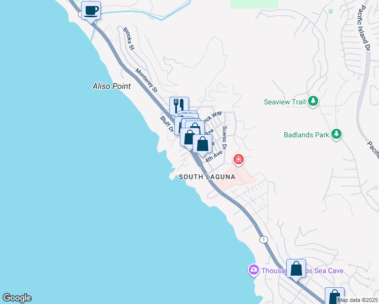 map of restaurants, bars, coffee shops, grocery stores, and more near 31678 Seacove Drive in Laguna Beach