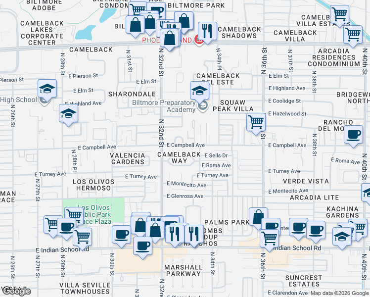 map of restaurants, bars, coffee shops, grocery stores, and more near 3245 East Campbell Avenue in Phoenix