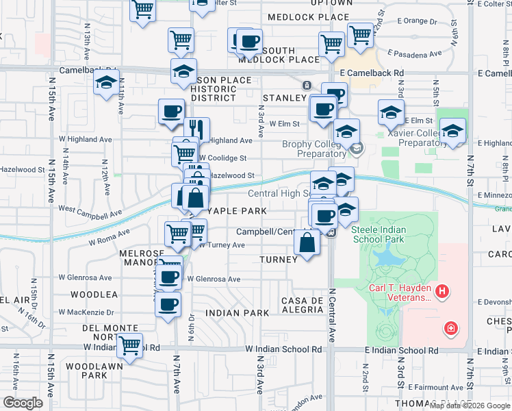 map of restaurants, bars, coffee shops, grocery stores, and more near 304 West Campbell Avenue in Phoenix