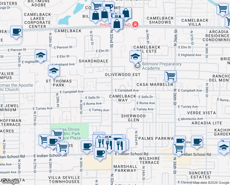 map of restaurants, bars, coffee shops, grocery stores, and more near 4445 North 32nd Street in Phoenix