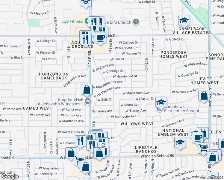 map of restaurants, bars, coffee shops, grocery stores, and more near 8127 West Campbell Avenue in Phoenix