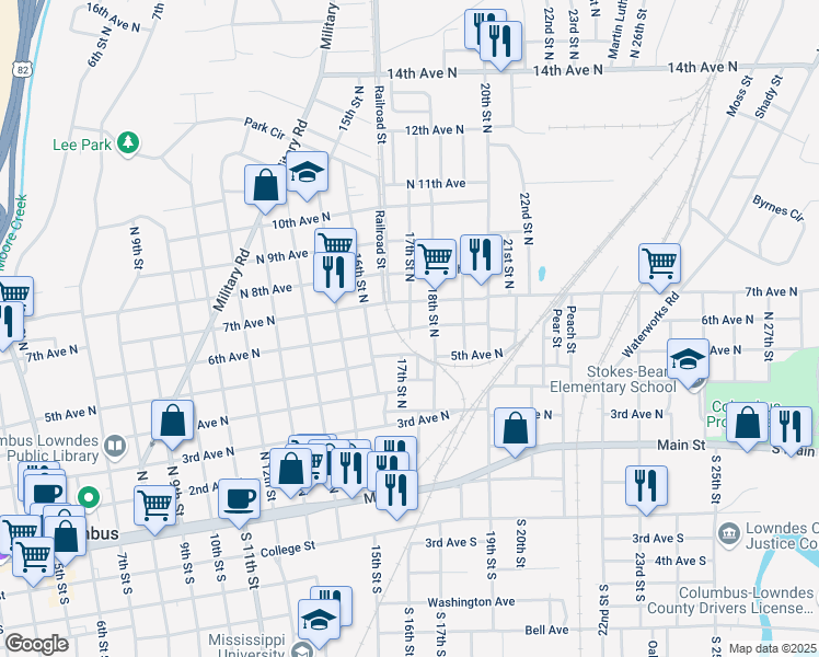 map of restaurants, bars, coffee shops, grocery stores, and more near 601 17th Street North in Columbus